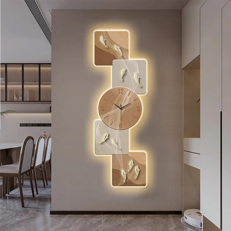 Modern Home Wall Decor Nine Fish Picture Wall Clock Living Room Corridor Mute Clock Painting Advanced Art LED Luminescent Mural - https://mohammadcollection.com
