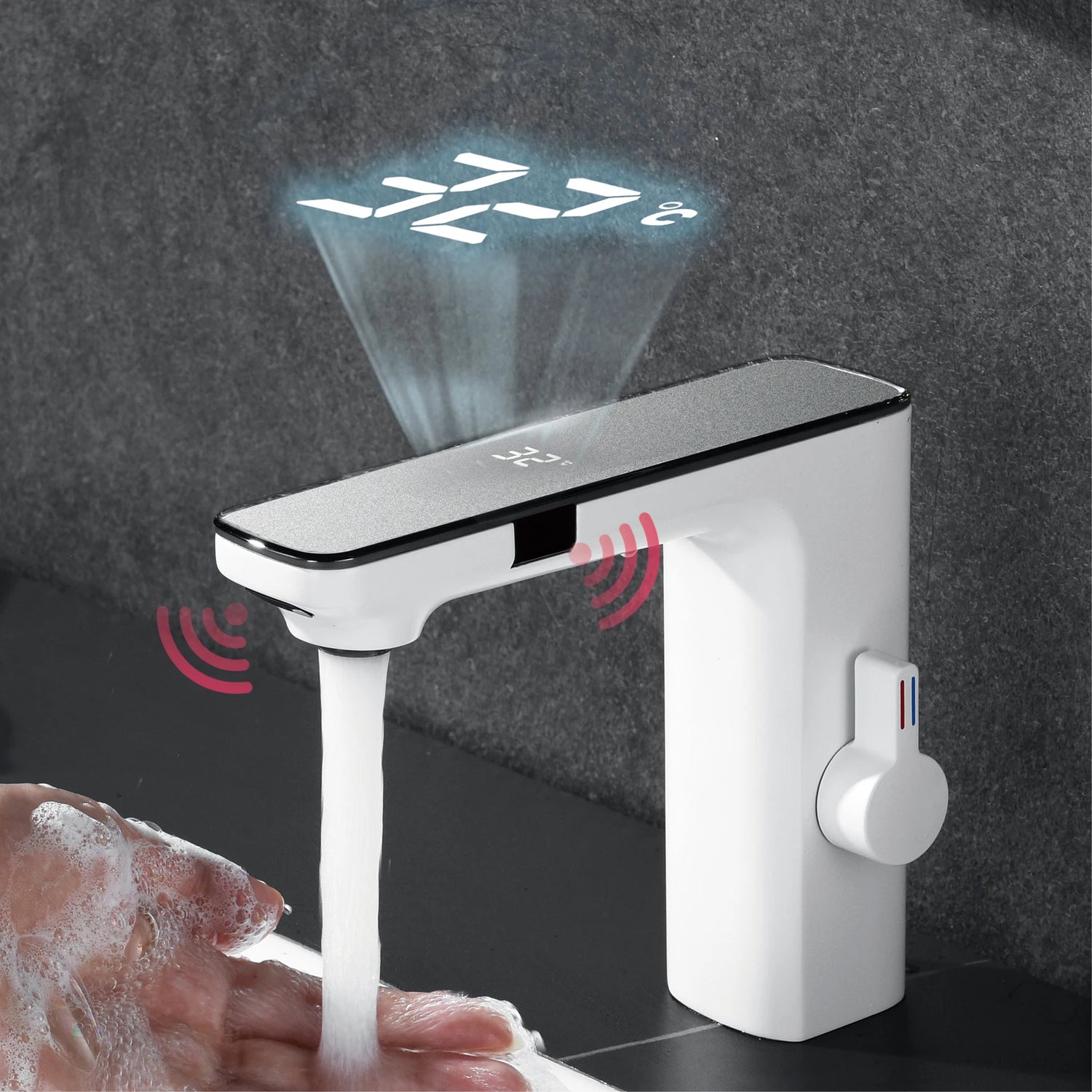 White intelligent brass bathroom faucet induction design LED light temperature display 1 hole single handle cold &amp; hot basin Tap - https://mohammadcollection.com
