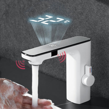 White intelligent brass bathroom faucet induction design LED light temperature display 1 hole single handle cold &amp; hot basin Tap - https://mohammadcollection.com