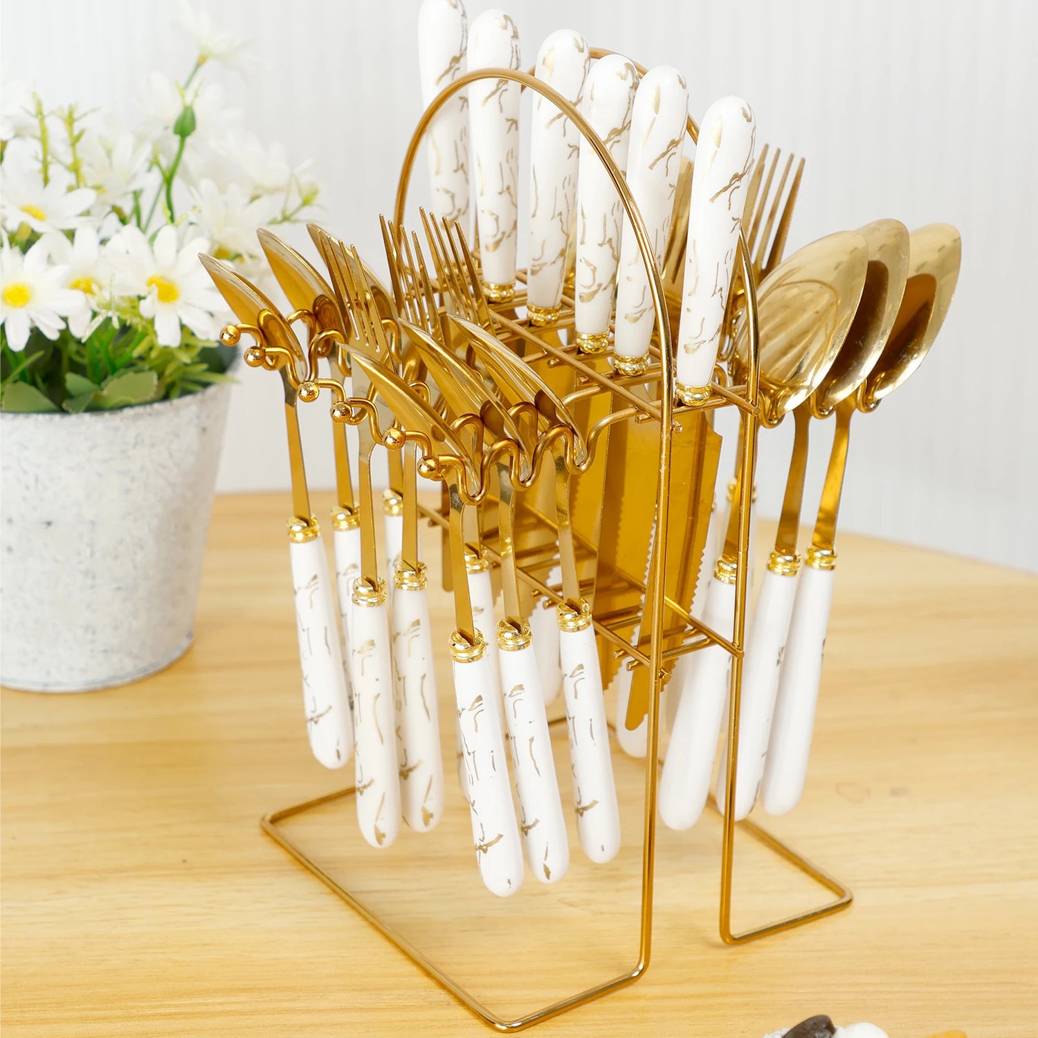 Stainless steel 24-piece tableware set with holder, including forks, knives, and spoons, mirror polished, for six people.
