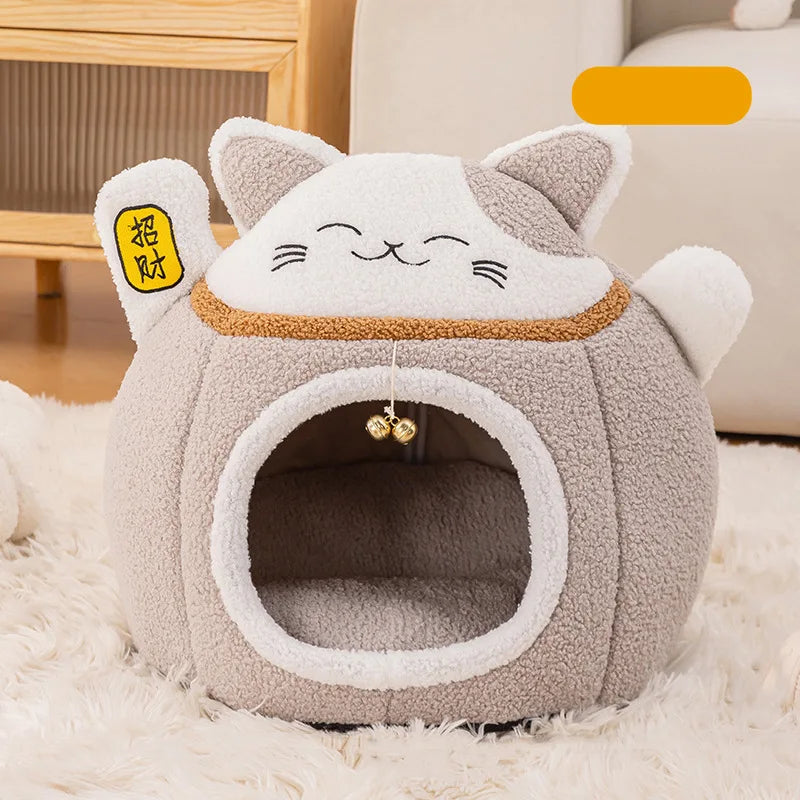 Lucky Fortune Cat Pet Bed - Winter Warm Semi-Open Fleece Round Bed for Cats &amp; Dogs | Cozy Lucky Pet House, Soft Cushioned Kennel - https://mohammadcollection.com