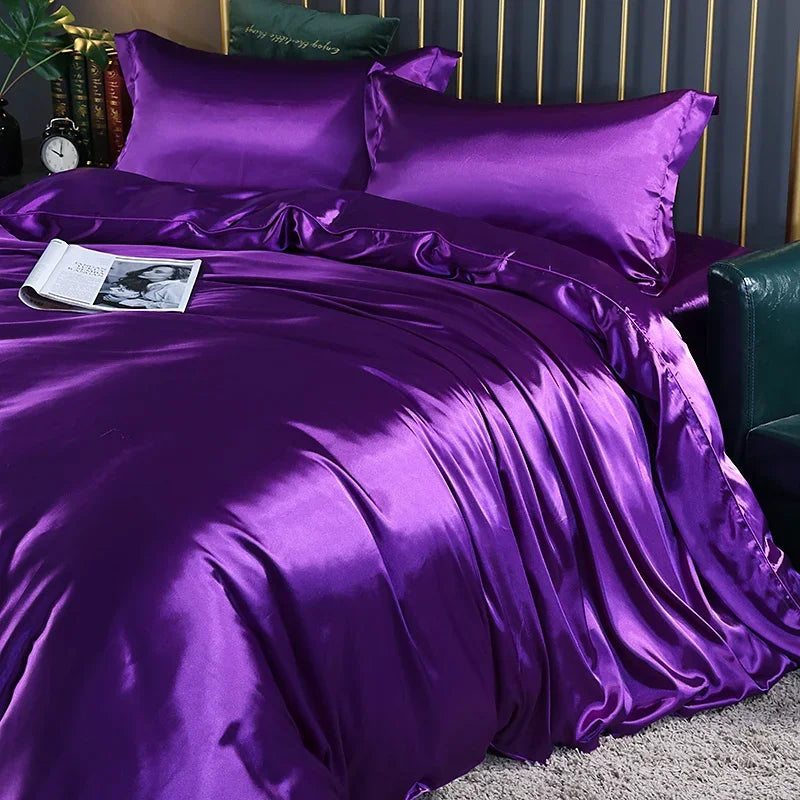 Luxury silk bedding set with duvet cover, fitted sheet, flat sheet, and pillowcases in solid color from 𝕄𝕔 𝕋𝕙𝕖 𝔹𝕝𝕒𝕔𝕜 𝔻�