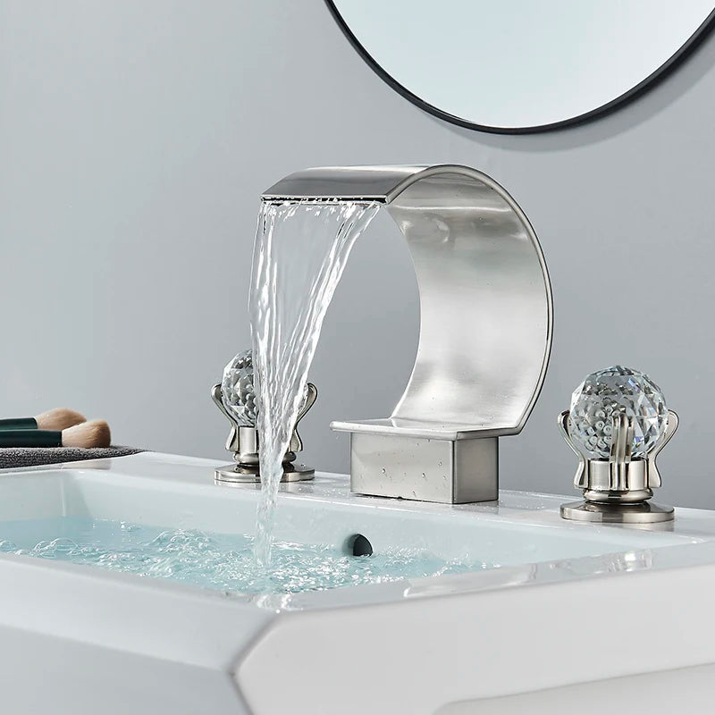 MC THE BLACK DIAMOND Shinesia luxury golden bathroom basin faucet with dual crystal handles for vessel sink, waterfall hot and cold water mixer tap.