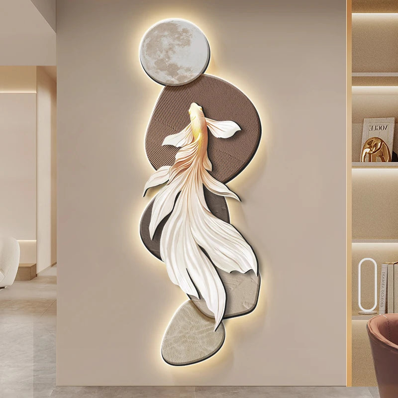 Modern Koi wall decoration painting poster by MC THE BLACK DIAMOND featuring LED light accents, perfect for entrance corridors.