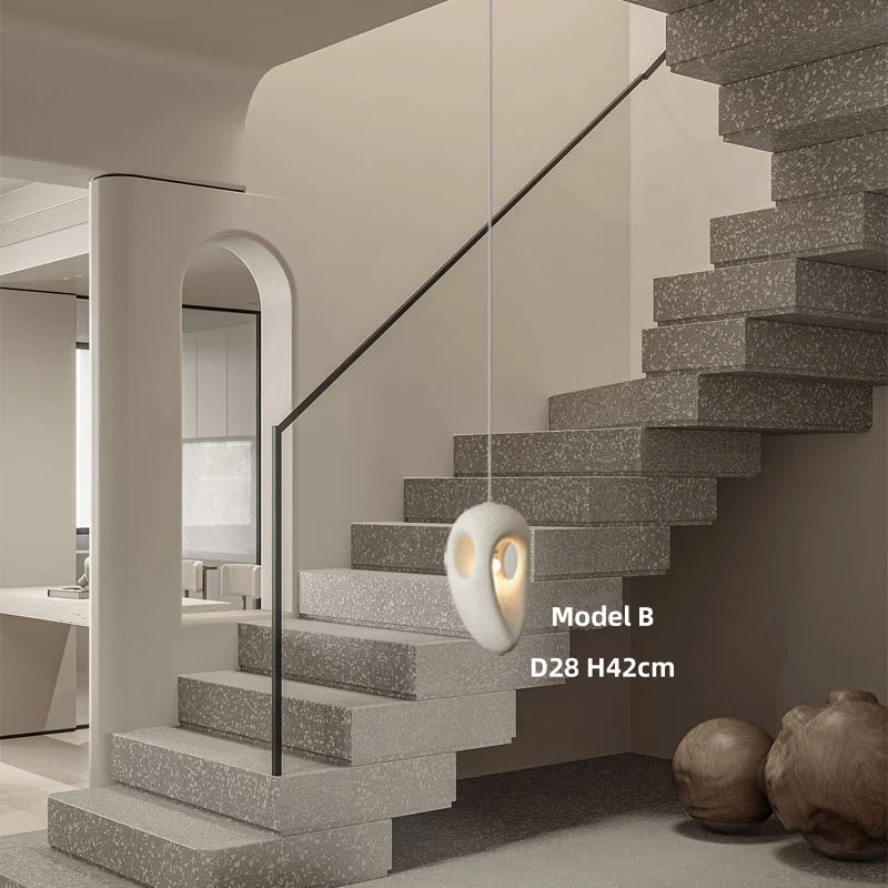 Nordic Villa Stairs Wabi Sabai E27 LED pendant light by MC THE BLACK DIAMOND hanging over a staircase, showcasing modern minimalist design.