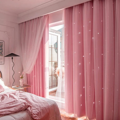 2 Panel Blue Romantic Sheer Girls Curtains Double-Layer Princess Curtains Hollow Stars Blackout Curtains Star Ins Gauze Curtains - https://mohammadcollection.com