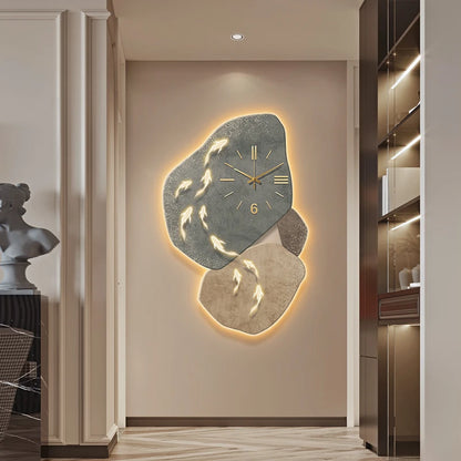 Modern Nine Fish Map Wall Clock by MC THE BLACK DIAMOND featuring luminous design, perfect for corridor or entrance wall decoration.