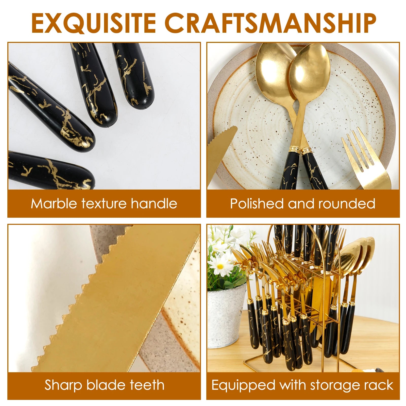 Stainless steel flatware set with 24 pieces and holder, includes forks, knives, spoons from MC THE BLACK DIAMOND.