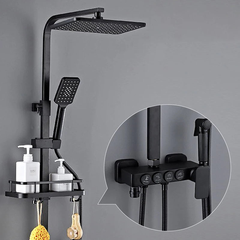 MC THE BLACK DIAMOND luxury digital bathroom shower head set with rainfall shower head and shower caddy in sleek modern design.