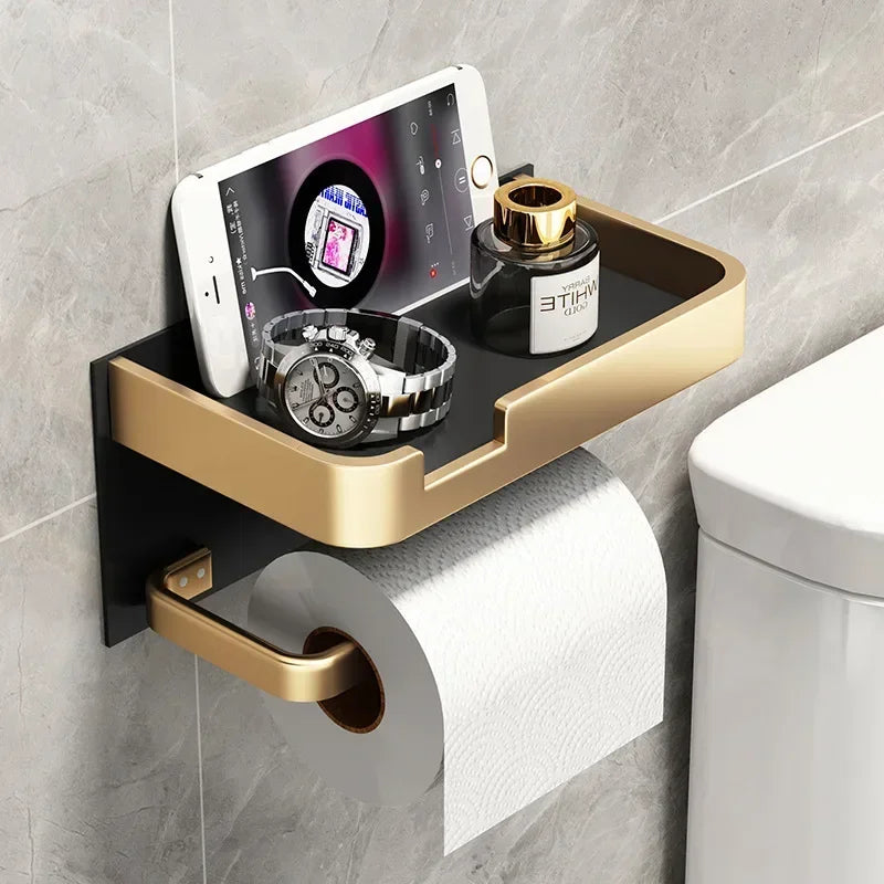 Black Gold Toilet Paper Holder Bathroom Wall Mount Multifunction WC Phone Towel Roll Shelf Accessories - https://mohammadcollection.com