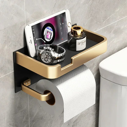 Black Gold Toilet Paper Holder Bathroom Wall Mount Multifunction WC Phone Towel Roll Shelf Accessories - https://mohammadcollection.com
