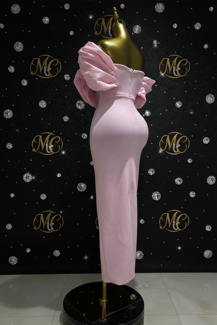 MC THE BLACK DIAMOND pink off-shoulder satin bandage evening dress with patchwork design, elegant and stylish for formal occasions.