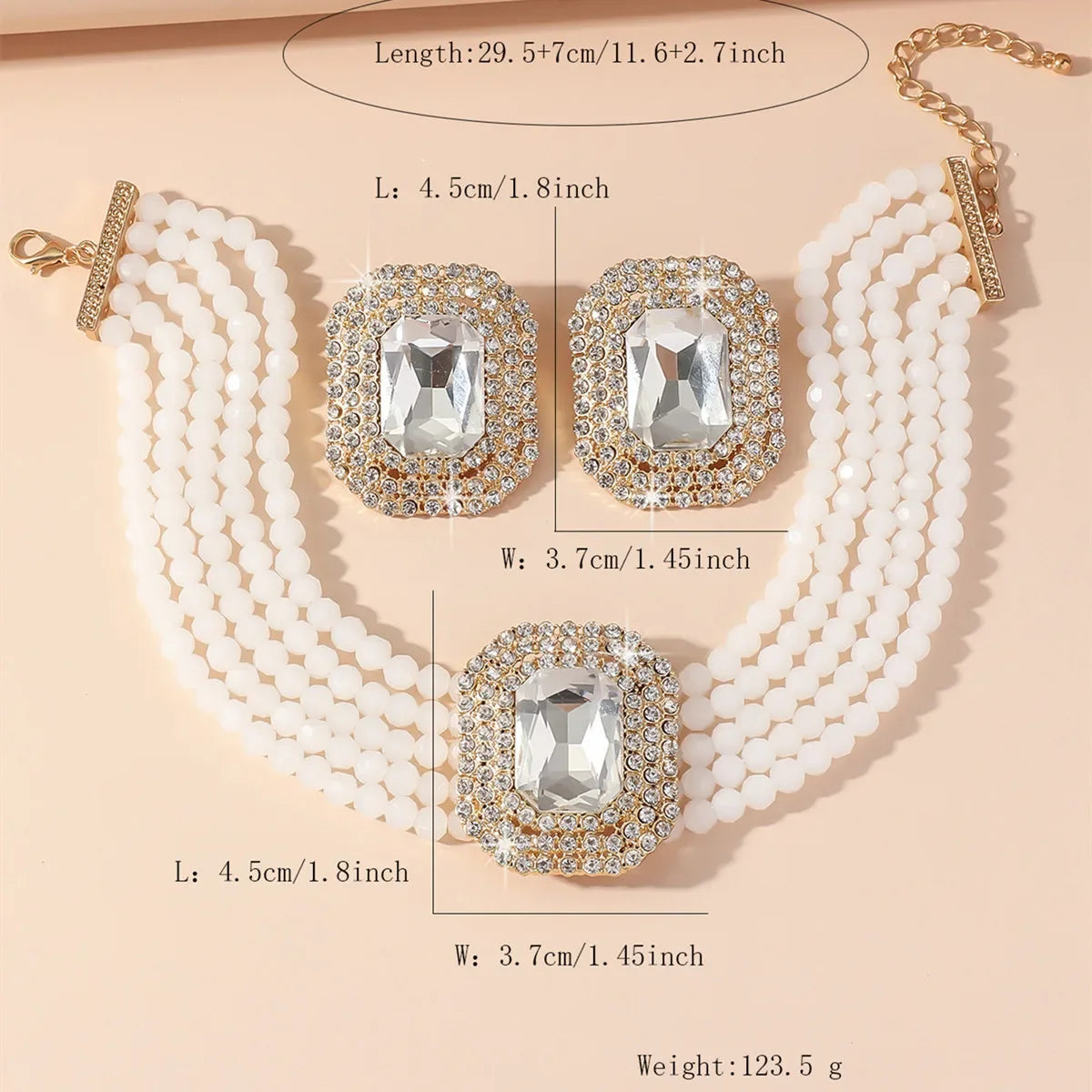 MC THE BLACK DIAMOND multilayer crystal jewelry set with champagne red, white, black colors featuring geometric square earrings for women.