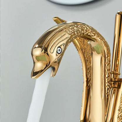 Golden Basin Faucet Deck Mount Sink Short Faucets Swan Shape Single Handle Sink Hot Cold Water Mixer Tap - https://mohammadcollection.com