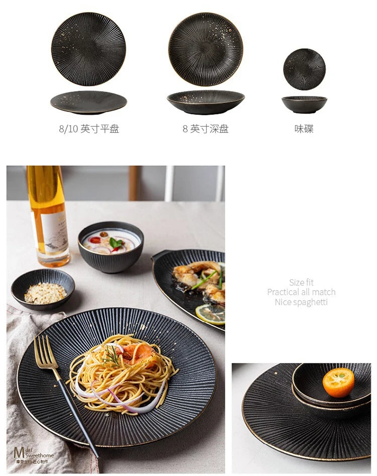 Luxury black striped porcelain dinner plate with gold border, part of 𝕄𝕔 𝕋𝕙𝕖 𝔹𝕝𝕒𝕔𝕜 𝔻𝕚𝕒𝕞�