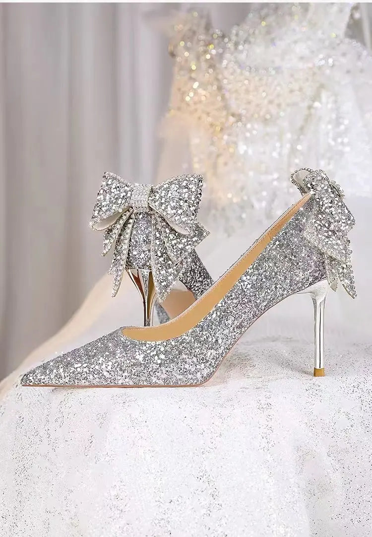 Silver crystal soft leather high heels slip-on shoes with pointed toe, perfect for weddings and banquets from Mohammad Collection.