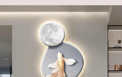 Advanced Koi wall decoration painting poster by MC THE BLACK DIAMOND featuring LED-lit modern art mural for entrance corridors.