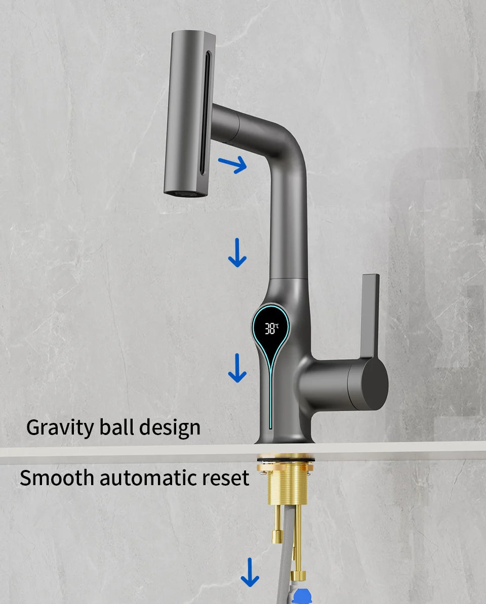 Black bath basin faucet with waterfall spout, digital temperature display, lift-up stream sprayer, hot and cold water for bathroom sink
