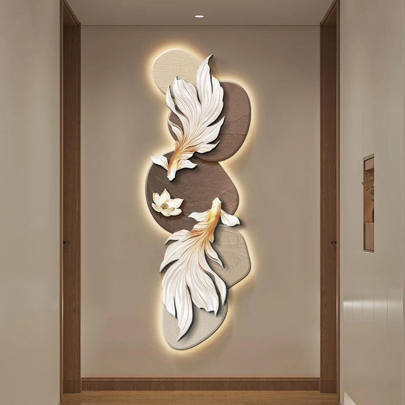 Modern Koi wall decoration painting poster by MC THE BLACK DIAMOND featuring LED light accents for entrance corridor or aisle decor.