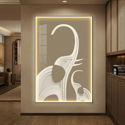 Black elephant abstract art poster by MC THE BLACK DIAMOND, modern luminous wall decor for living room with LED light accents.