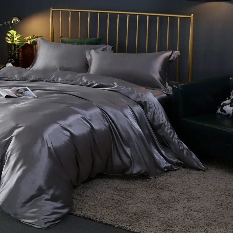 Luxurious silk bedding set with duvet cover, fitted sheet, flat sheet, and pillowcases in solid color, by 𝕄𝕔 𝕋𝕙𝕖 𝔹𝕝𝕒𝕔𝕜 𝔻