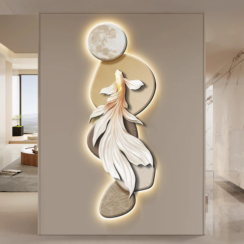 Modern koi wall decoration painting poster by MC THE BLACK DIAMOND with LED lighting, luminous mural for entrance corridor decor.
