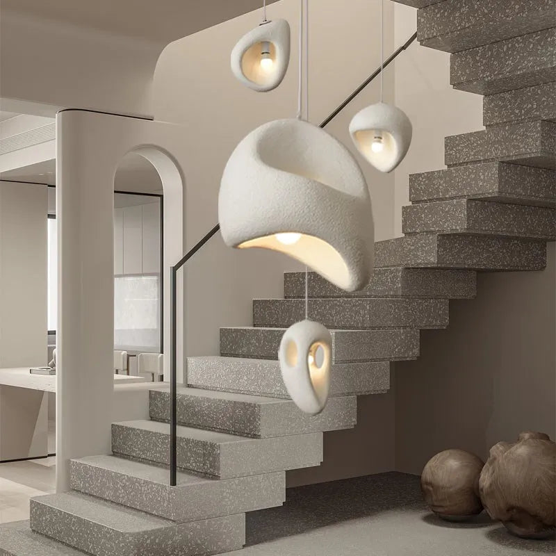 Nordic Villa Stairs Wabi Sabi MC THE BLACK DIAMOND E27 LED Pendant Light hanging from the ceiling, showcasing minimalist design and warm glow