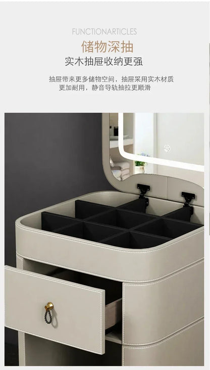 Modern MC THE BLACK DIAMOND makeup vanity with storage drawers, mirror, and stool, featuring sleek Nordic hotel-style furniture.