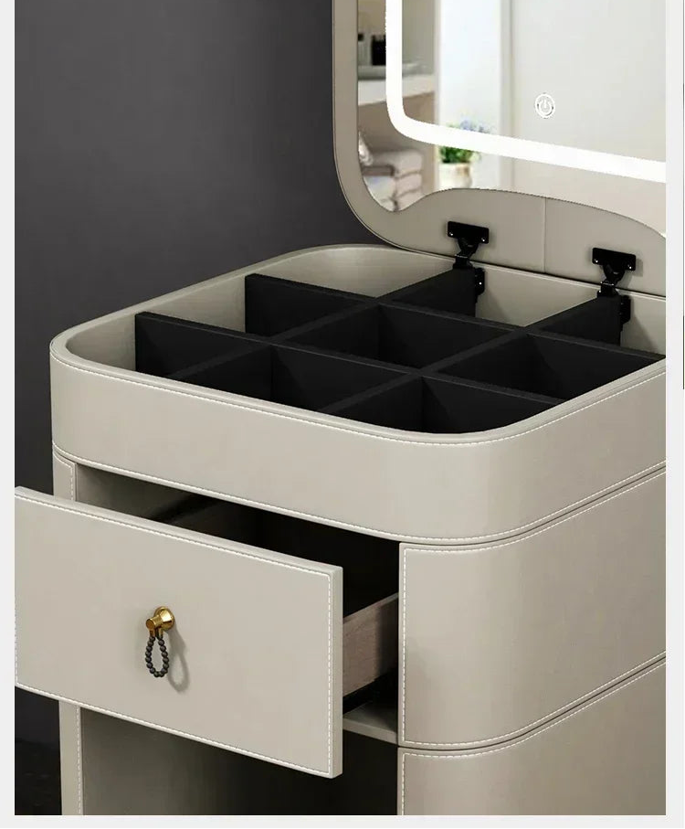 Modern makeup vanity with storage drawer and luxury mirror, MC THE BLACK DIAMOND stylish stool and table for cosmetics.