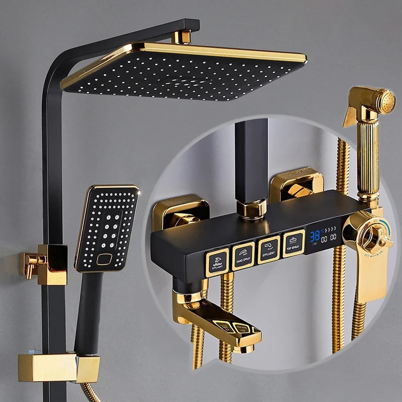 Luxury hot cold digital bathroom rain shower head set with sleek shower caddy by MC THE BLACK DIAMOND, featuring modern design and multiple functions.