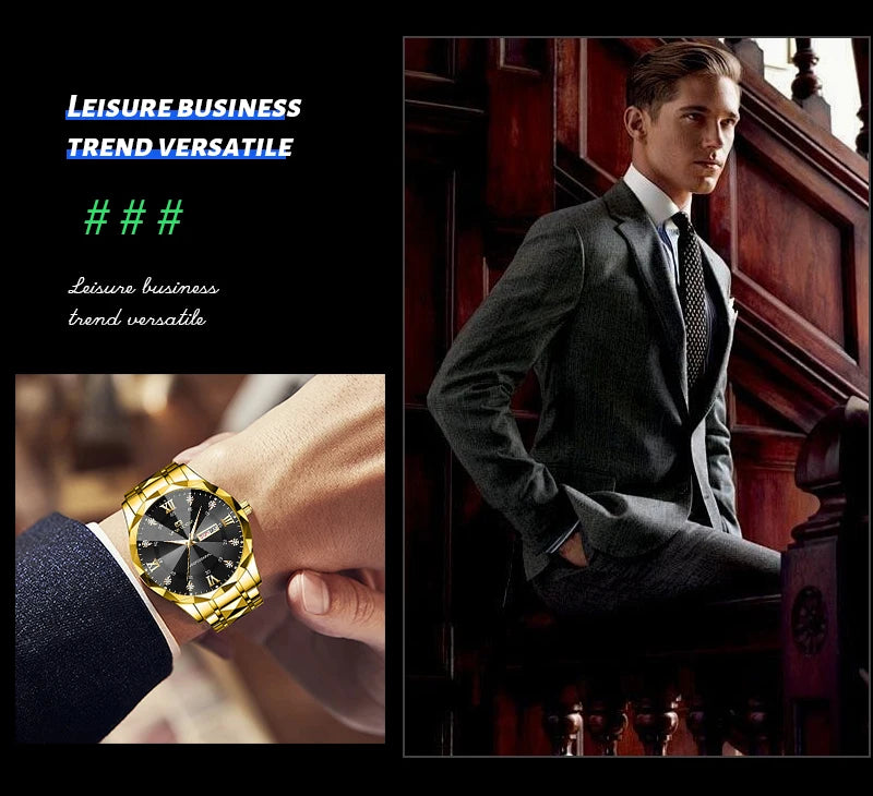 Men Watch Water Diamond Luxury Night Glow Double Calendar Quartz Movement 41mm Blue Gold Stainless Steel Fashion Business Watch - https://mohammadcollection.com