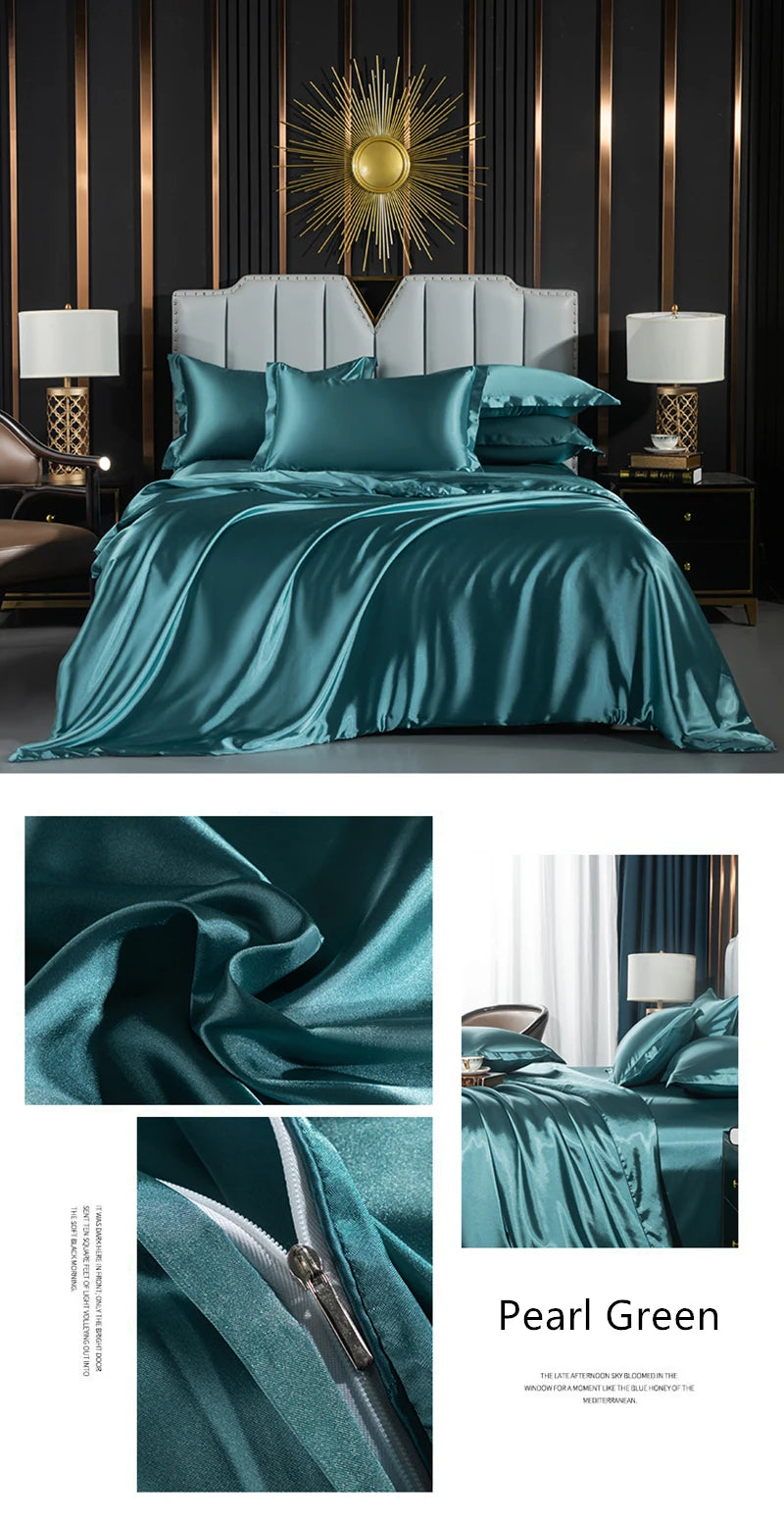 Luxury solid silk bedding set with duvet cover, fitted sheet, flat sheet, and pillowcases from 𝕄𝕔 𝕋𝕙𝕖 𝔹𝕝𝕒𝕔𝕜 𝔻𝕚�