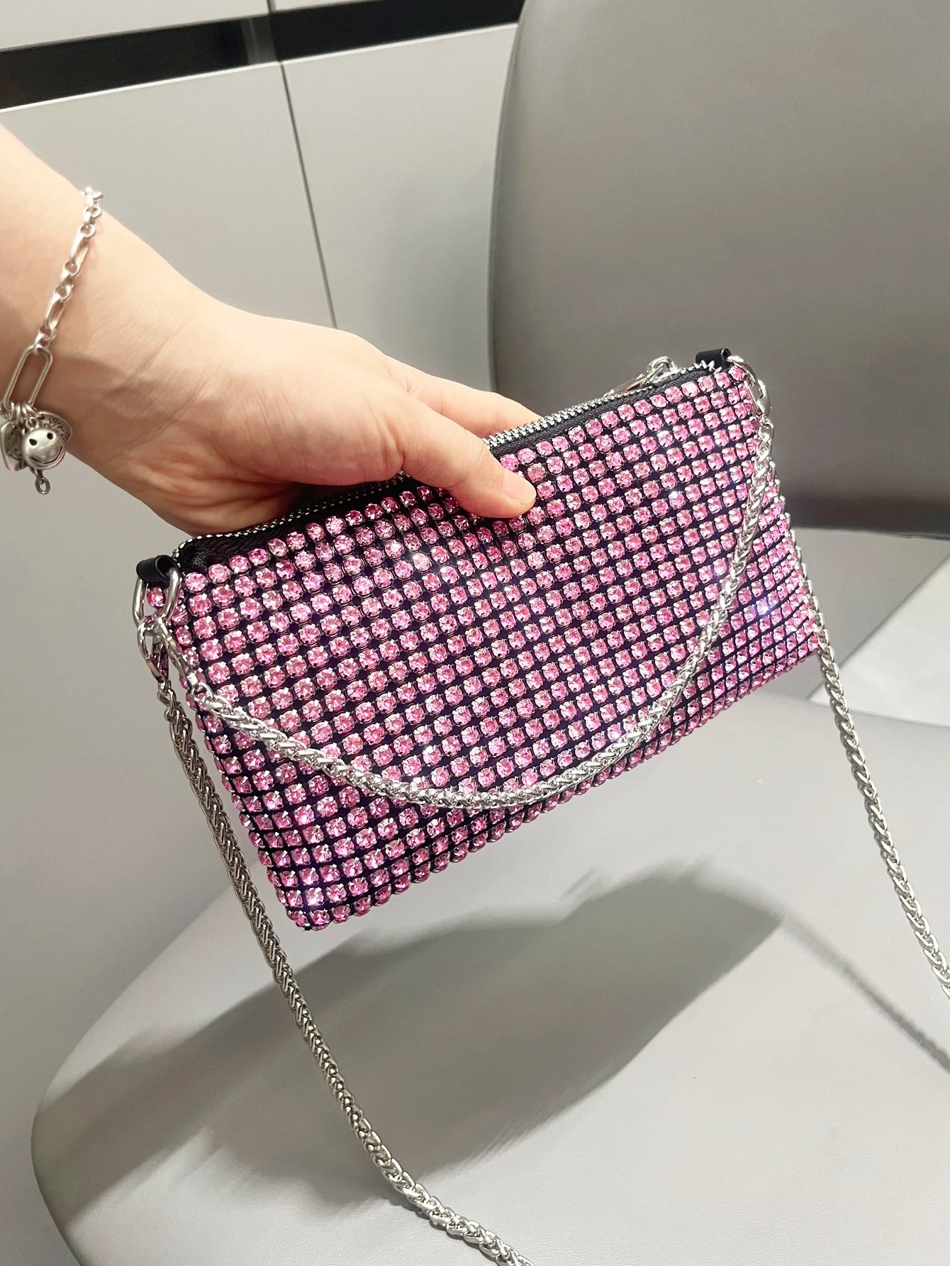 Luxury MC THE BLACK DIAMOND rhinestones clutch purse with handle, elegant designer women’s shoulder bag and hand bag in black.