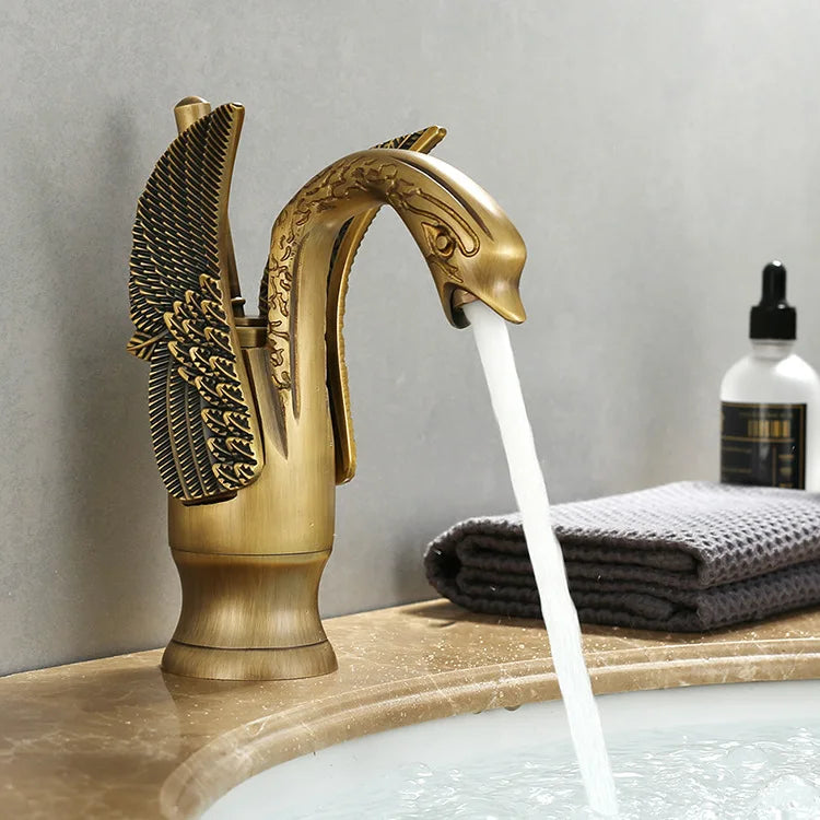 Golden Basin Faucet Deck Mount Sink Short Faucets Swan Shape Single Handle Sink Hot Cold Water Mixer Tap - https://mohammadcollection.com