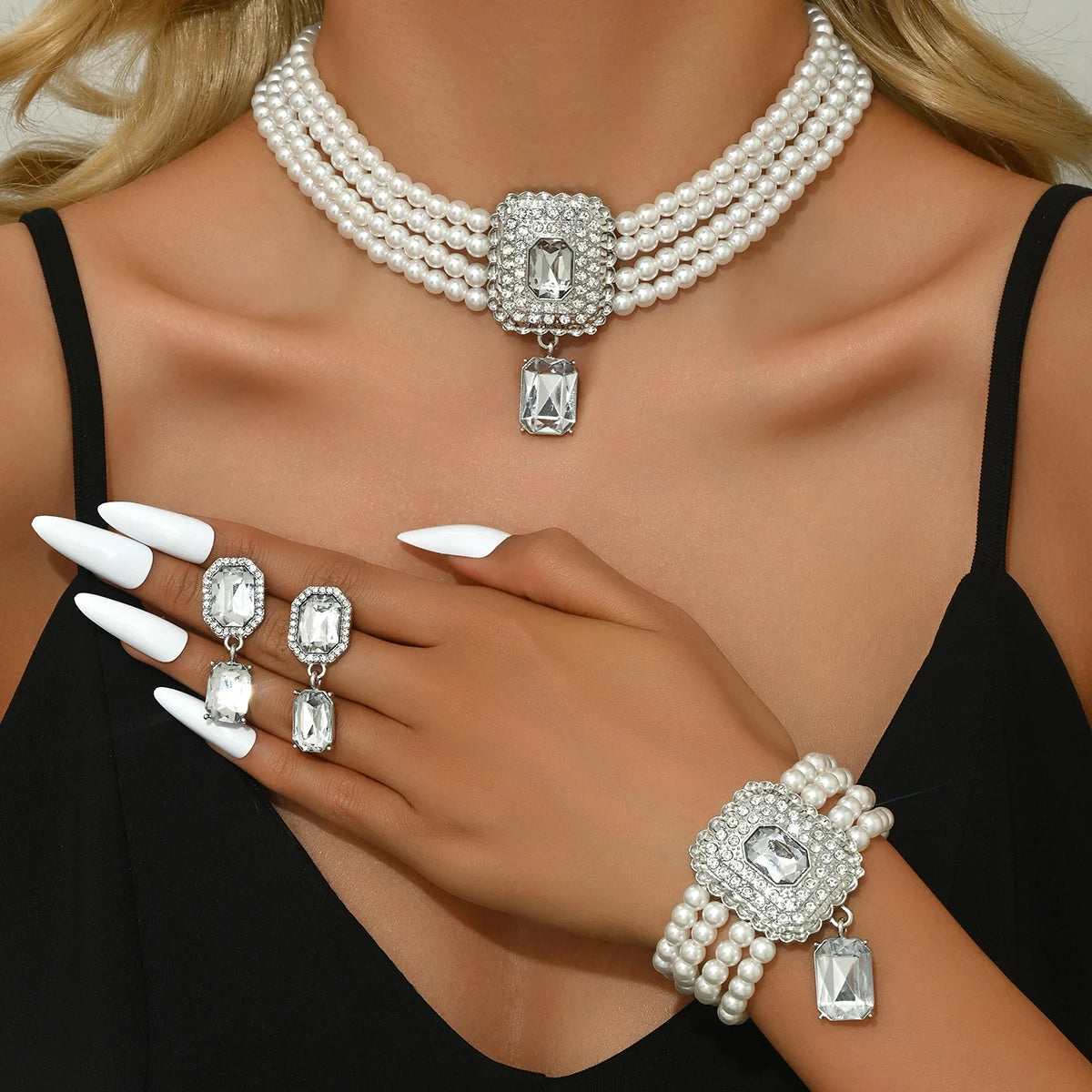 MC THE BLACK DIAMOND women's jewelry set featuring light luxury pearl, rhinestone necklace, earrings, and bracelet for parties or festivals
