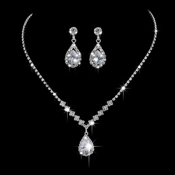 Vintage crystal waterdrop pendant necklace and matching earrings in silver, part of MC THE BLACK DIAMOND wedding jewelry set.