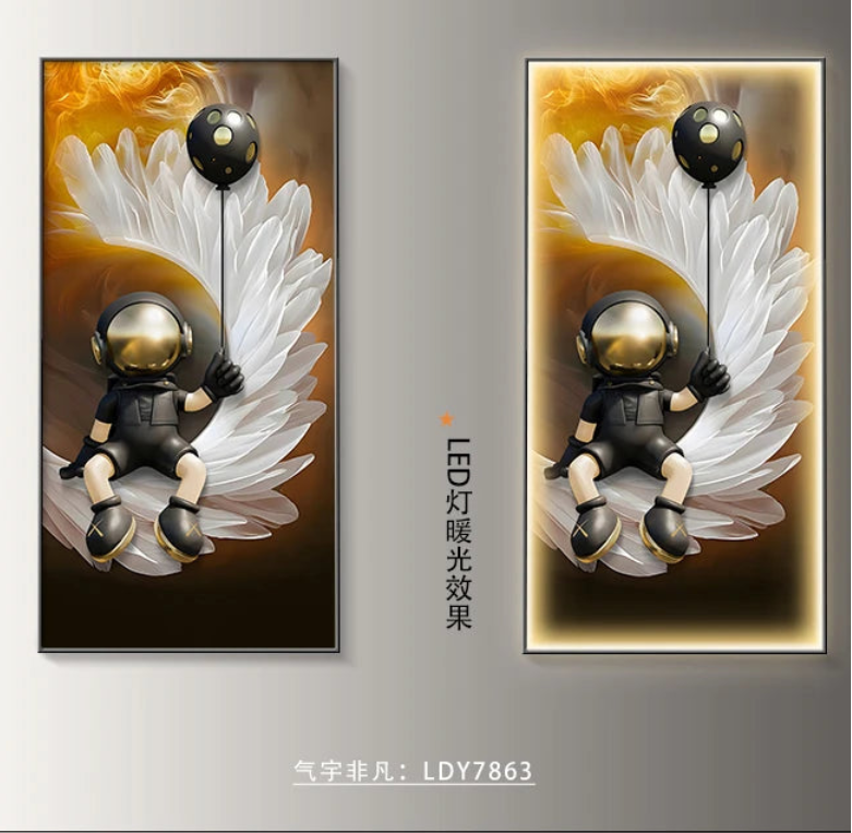 Modern art astronaut wall decor with LED lamp, high-end luminous painting, suitable for living room or corridor.