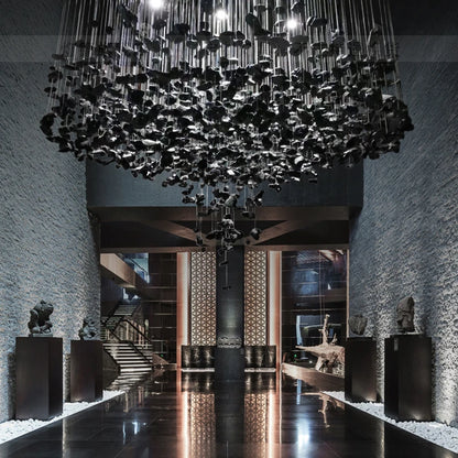 Black Art Luxury Stone Crystal Chandelier For Staircase Hallway Lobby Modern Cristal LED Hanging Lamp Home Indoor Light Fixtures
