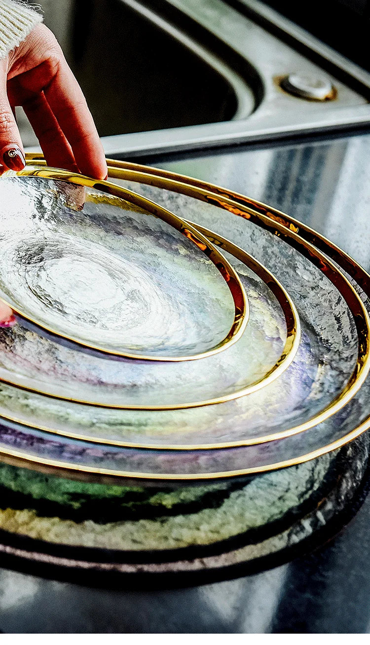 Rainbow glass dinner plates and salad bowls with gilt rims from 𝕄𝕔 𝕋𝕙𝕖 𝔹𝕝𝕒𝕔𝕜 𝔻𝕚𝕒𝕞𝕠
