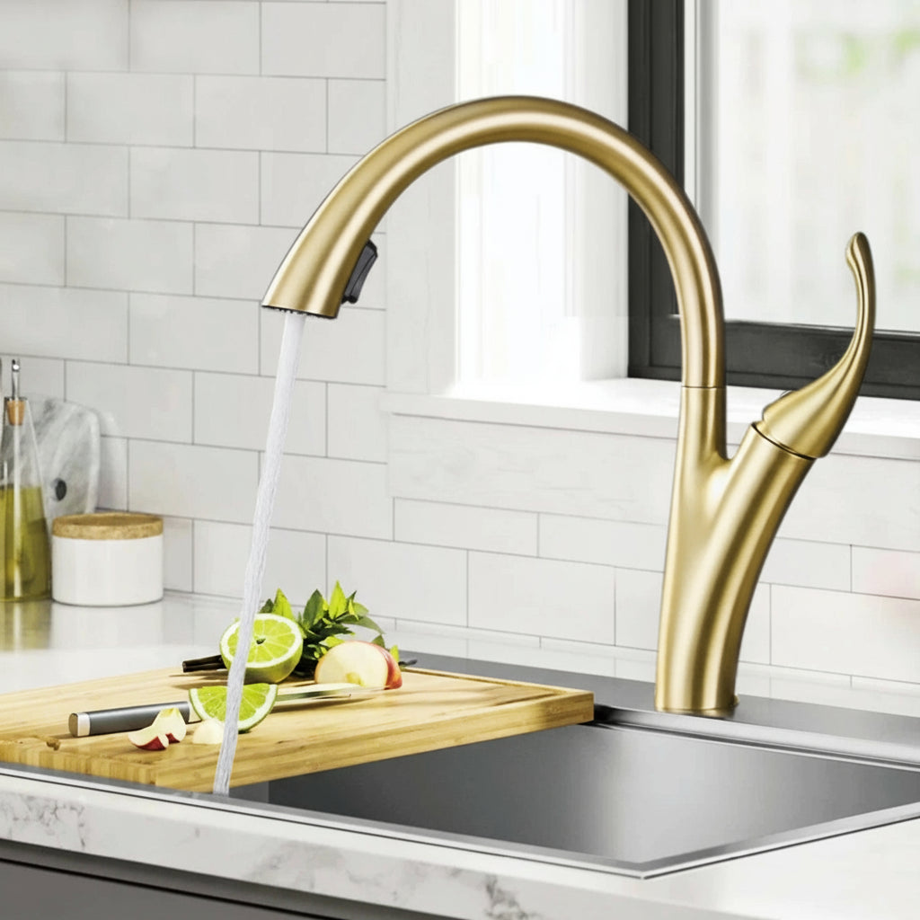 Modern black brass kitchen faucet with single handle, pull-out sprayer, hot and cold water functions, by MC THE BLACK DIAMOND.