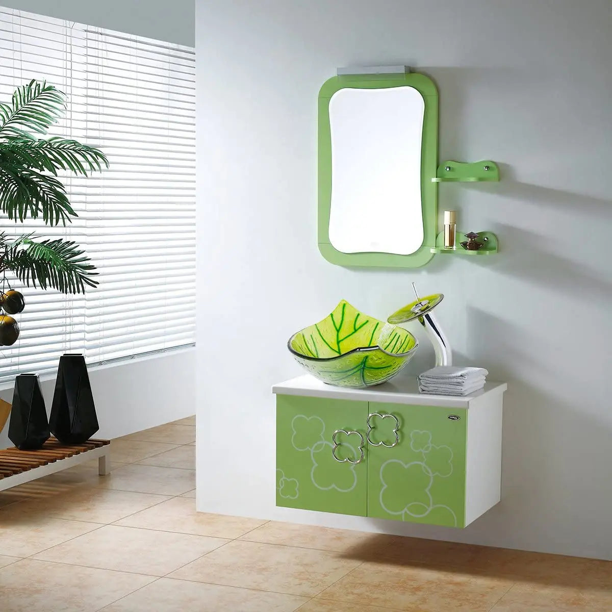 Green leaf-shaped vessel bathroom sink by MC THE BLACK DIAMOND, showcasing a stylish, nature-inspired design for modern bathrooms.