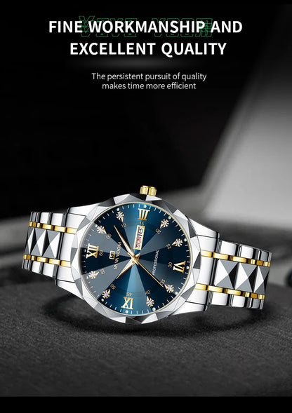 Men Watch Water Diamond Luxury Night Glow Double Calendar Quartz Movement 41mm Blue Gold Stainless Steel Fashion Business Watch - https://mohammadcollection.com