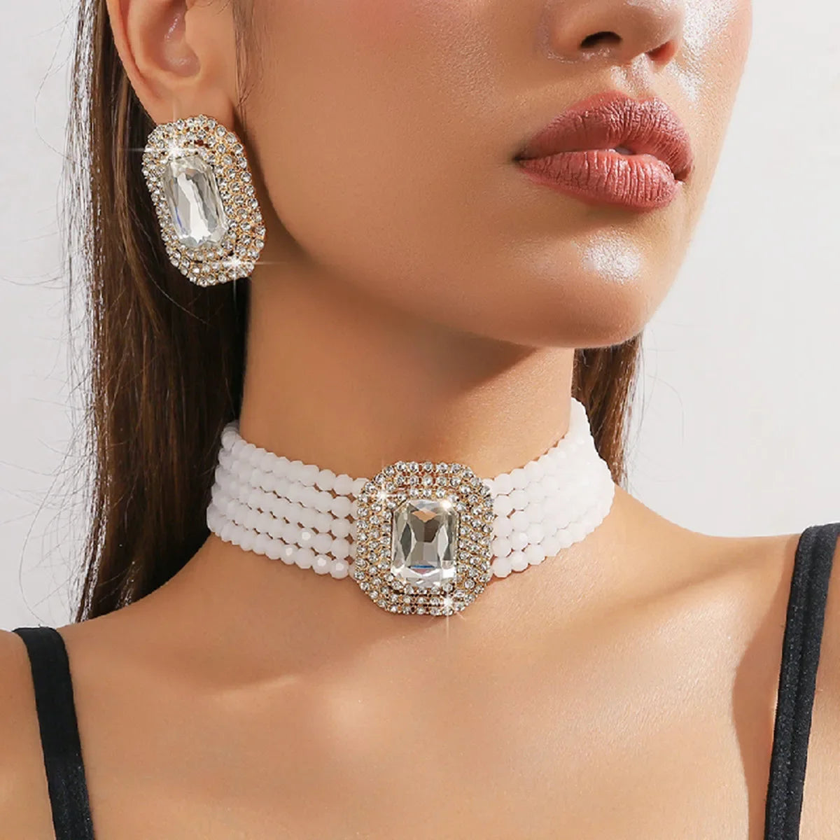 MC THE BLACK DIAMOND multilevel champagne red, white, black crystal necklace and geometric square earrings set for women’s wedding jewelry