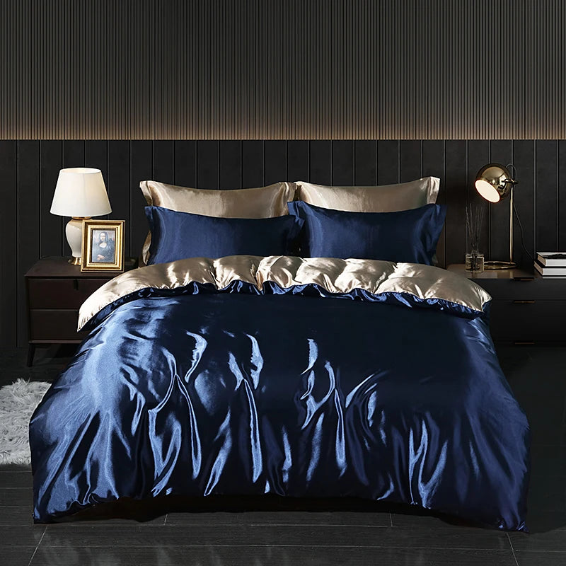 Luxury satin bedding set with fitted sheet and duvet cover from MC THE BLACK DIAMOND, featuring a smooth, elegant home decor design.