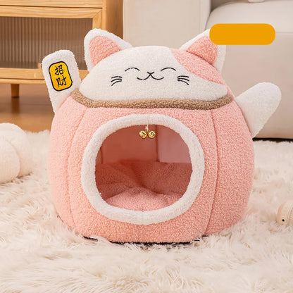 Lucky Fortune Cat Pet Bed - Winter Warm Semi-Open Fleece Round Bed for Cats &amp; Dogs | Cozy Lucky Pet House, Soft Cushioned Kennel - https://mohammadcollection.com