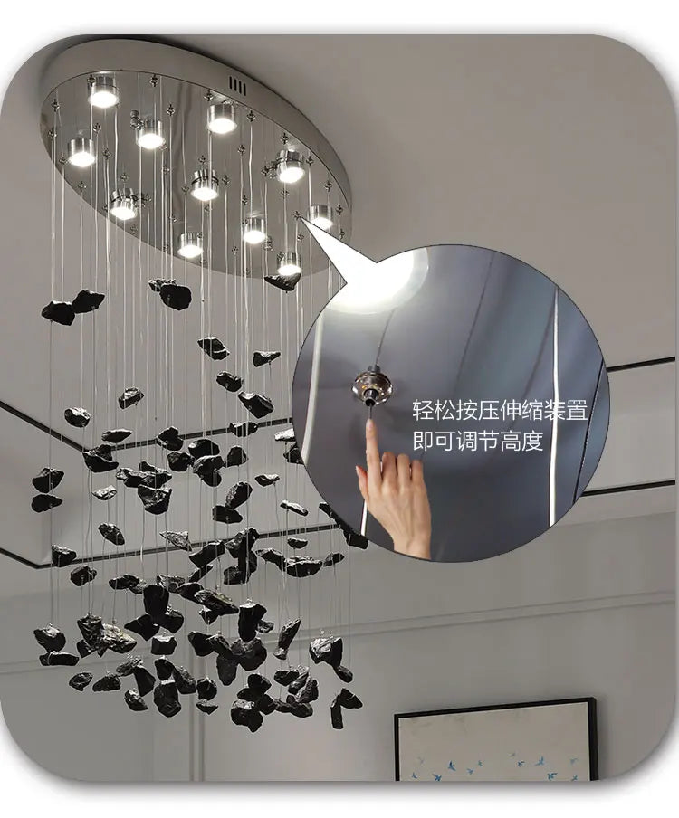 Black Art Luxury Stone Crystal Chandelier For Staircase Hallway Lobby Modern Cristal LED Hanging Lamp Home Indoor Light Fixtures
