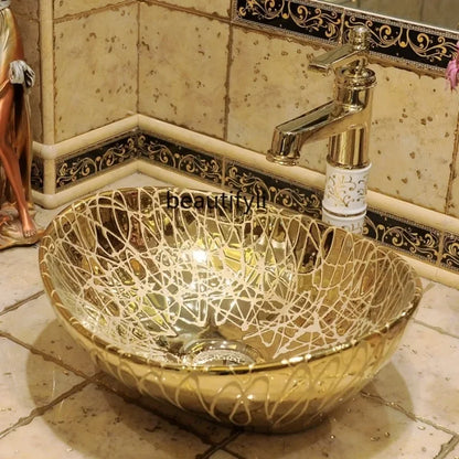 European gold-plated ceramic vessel sink, small oval countertop wash basin by 𝕄𝕔 𝕋𝕙𝕖 𝔹𝕝𝕒𝕔𝕜 𝔻𝕚𝕒𝕞