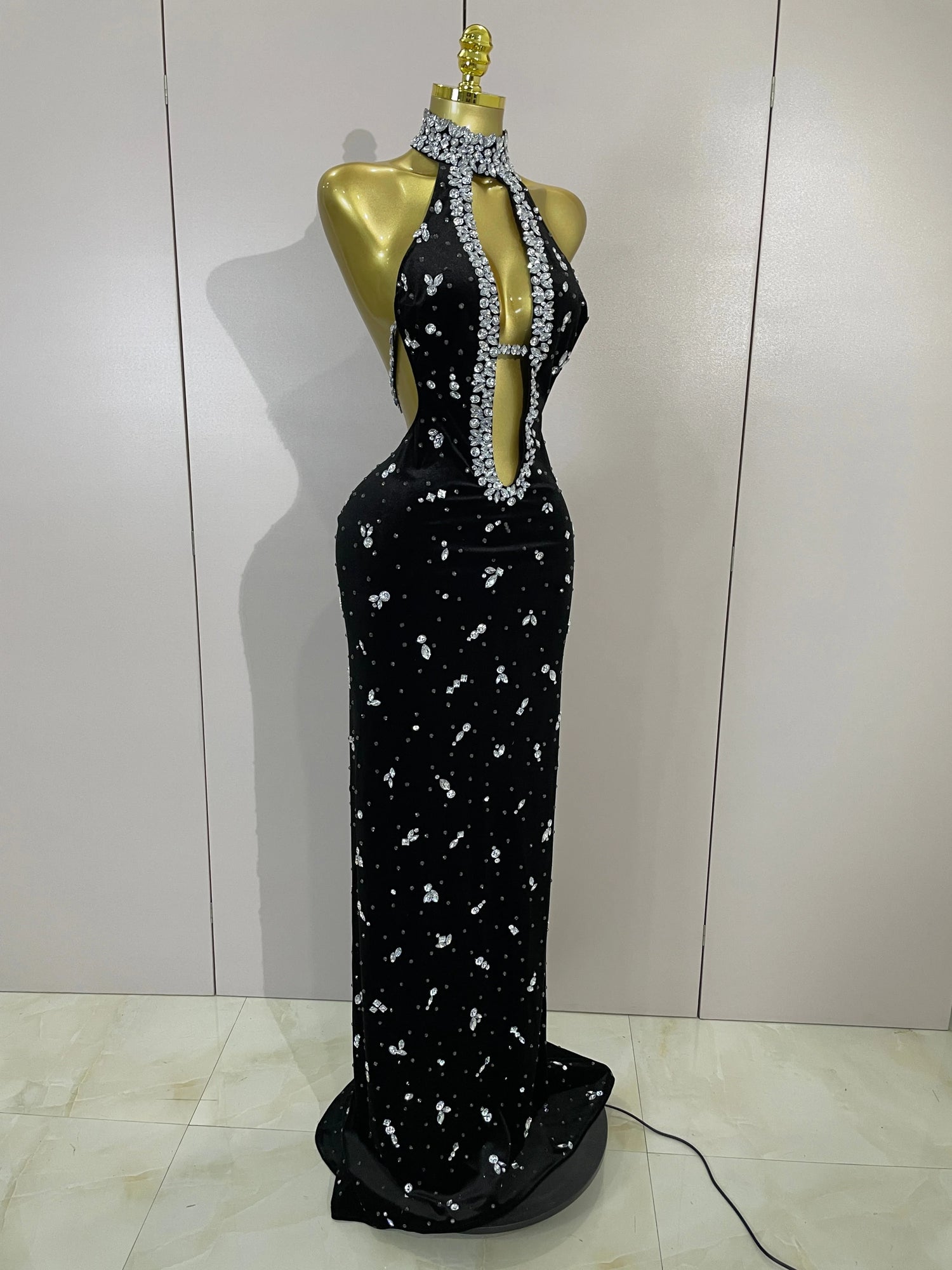 MC THE BLACK DIAMOND sparkly diamond hollow velvet mermaid long dress with shimmering embellishments and elegant fit.