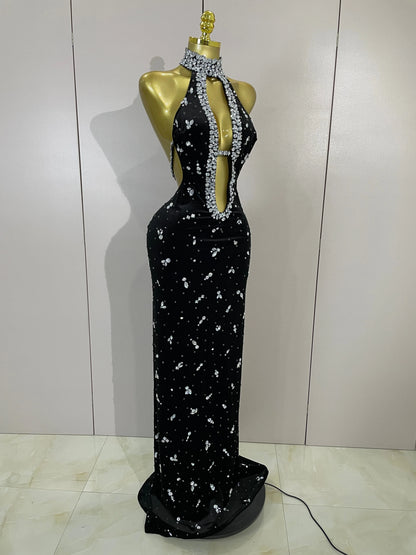 MC THE BLACK DIAMOND sparkly diamond hollow velvet mermaid long dress with shimmering embellishments and elegant fit.