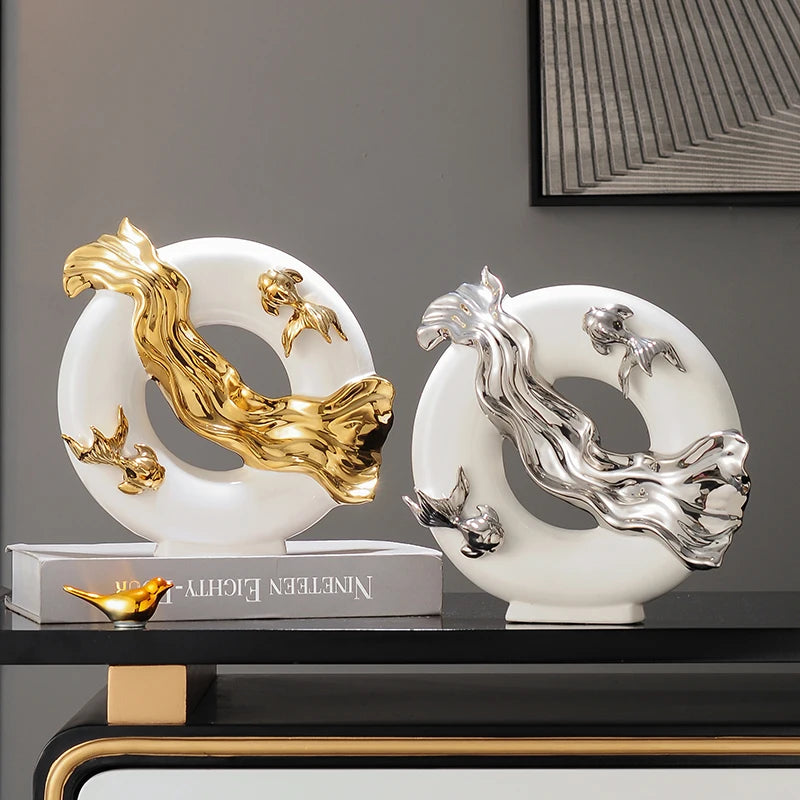 Modern Art Home Decor, Chinese Koi Lucky Ornament, Ceramic Crafts, Light Luxury Living Room, Study, Office Decorative Figurines - 𝕄𝕮 𝕋𝕙𝕖 𝔹𝕝𝕒𝕔𝕜 𝔻𝕚𝕒𝕞𝕠𝕟𝕕